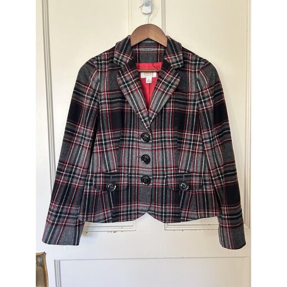 Vintage Talbots Wool Blend Plaid Blazer Womens Size 8P Black Red Preppy Career - Picture 1 of 8